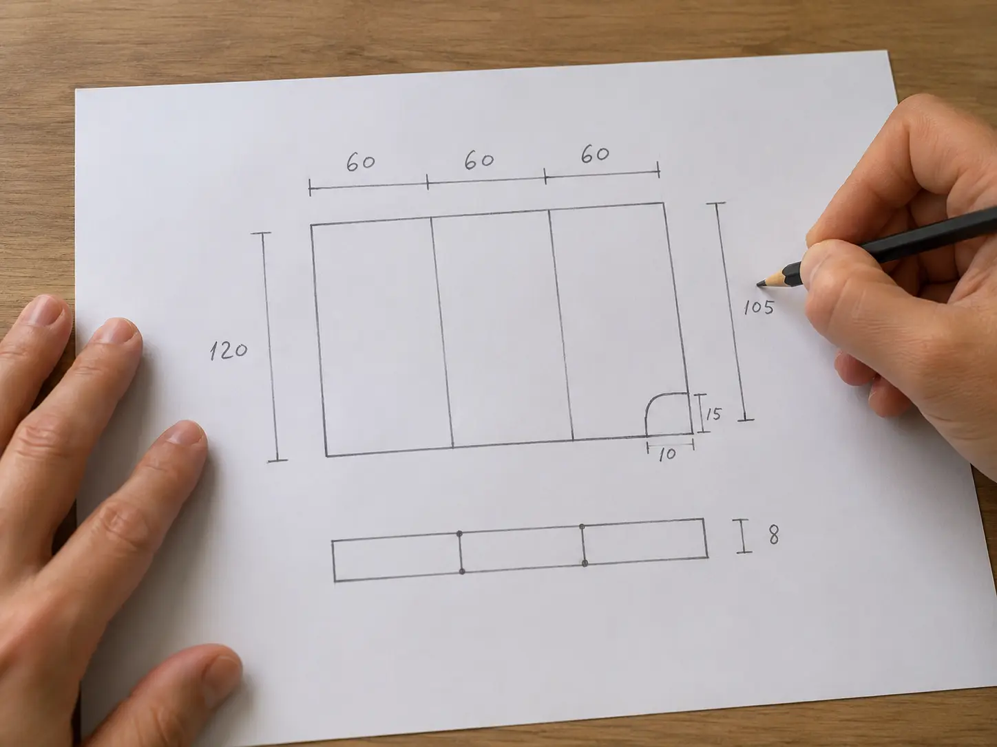 Boceto a mano con las medidas de una litera para preparar el presupuesto
